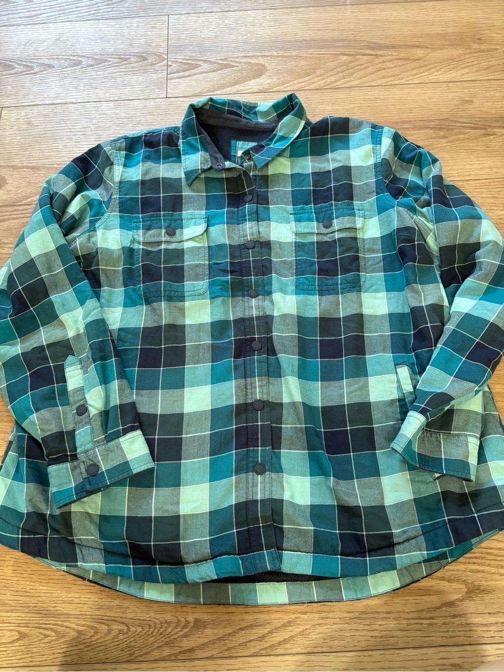 LL Bean Shacket Womens 2X Green Black Plaid Fleece Lined Button Up Barn Chore